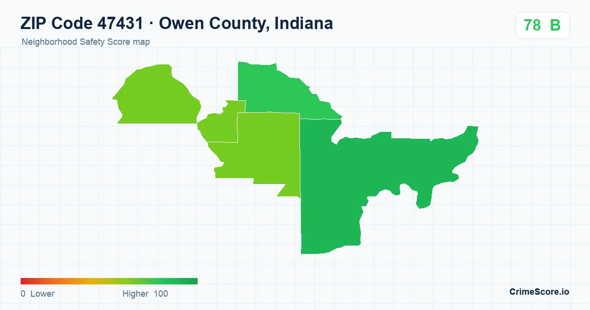 ZIP Code 47431 in Owen County, Indiana neighborhood Safety Score map
