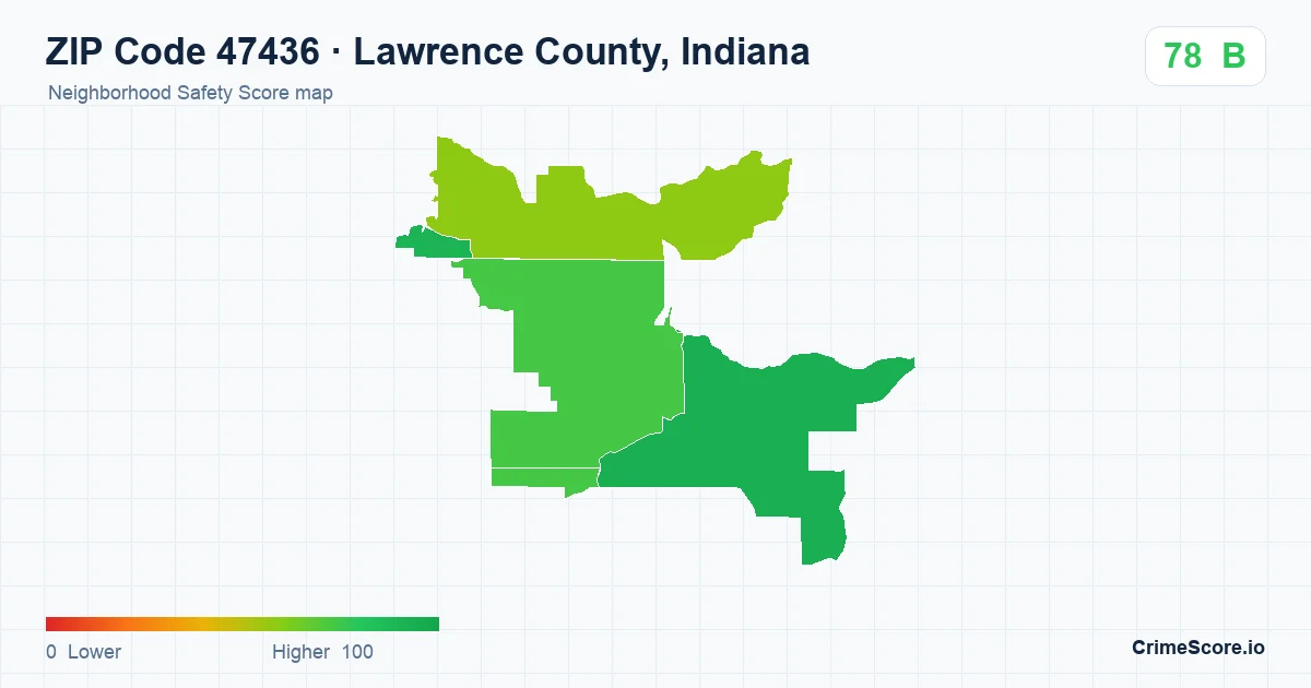ZIP Code 47436 in Lawrence County, Indiana neighborhood Safety Score map