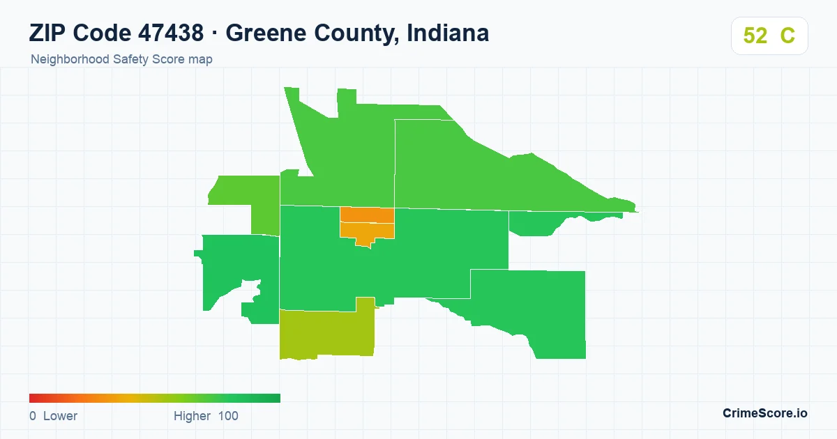 ZIP Code 47438 in Greene County, Indiana neighborhood Safety Score map