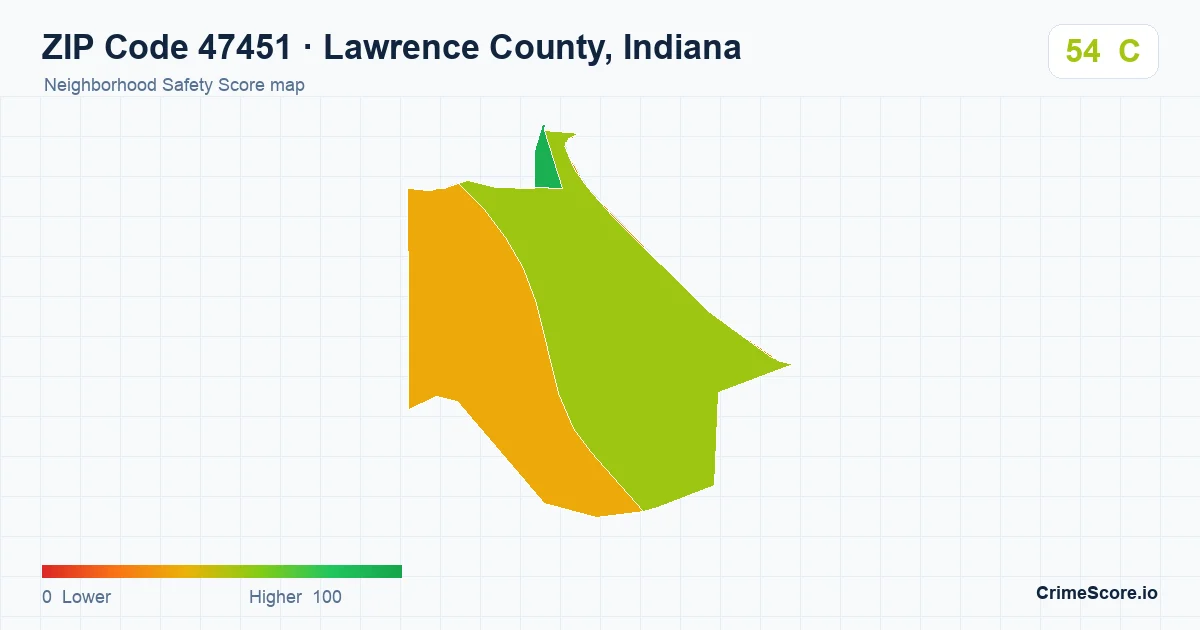 ZIP Code 47451 in Lawrence County, Indiana neighborhood Safety Score map