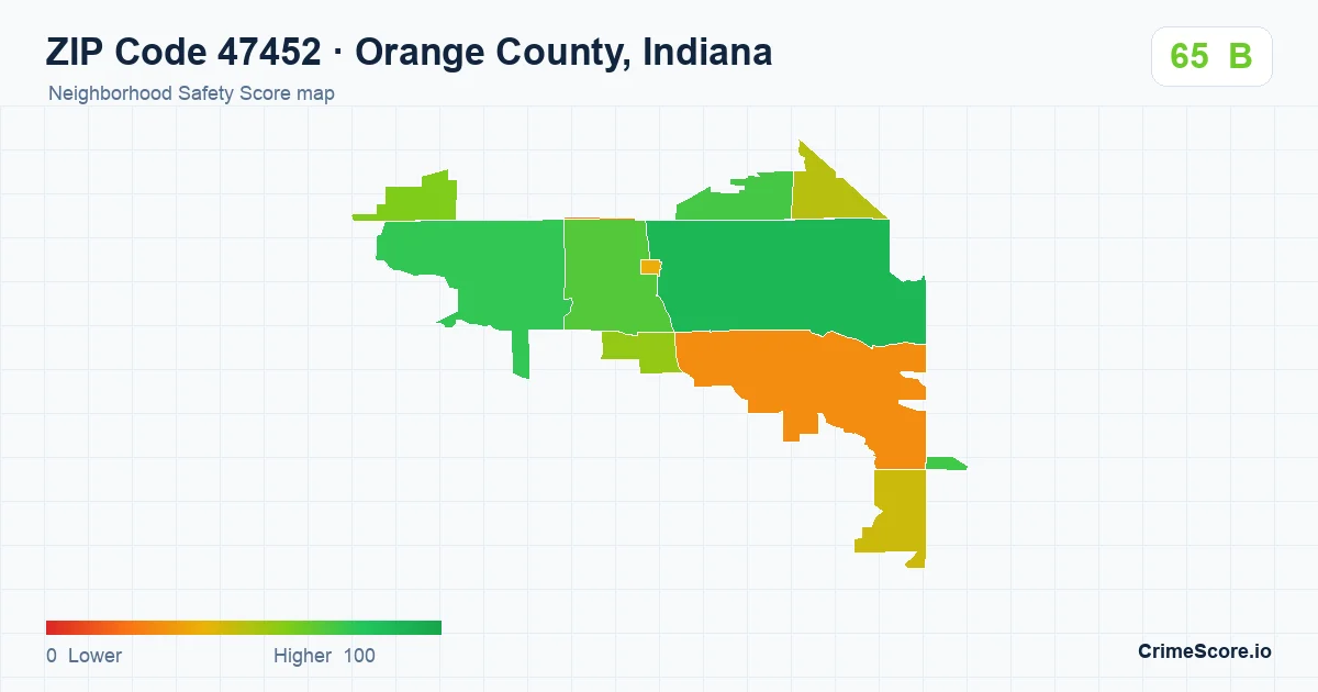 ZIP Code 47452 in Orange County, Indiana neighborhood Safety Score map