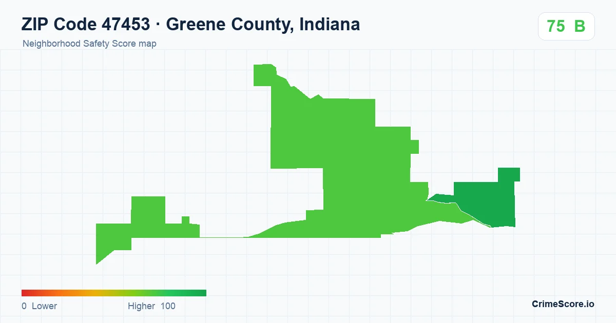 ZIP Code 47453 in Greene County, Indiana neighborhood Safety Score map