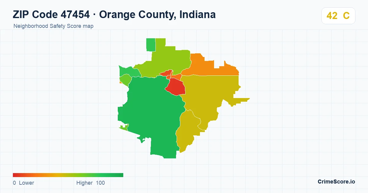 ZIP Code 47454 in Orange County, Indiana neighborhood Safety Score map
