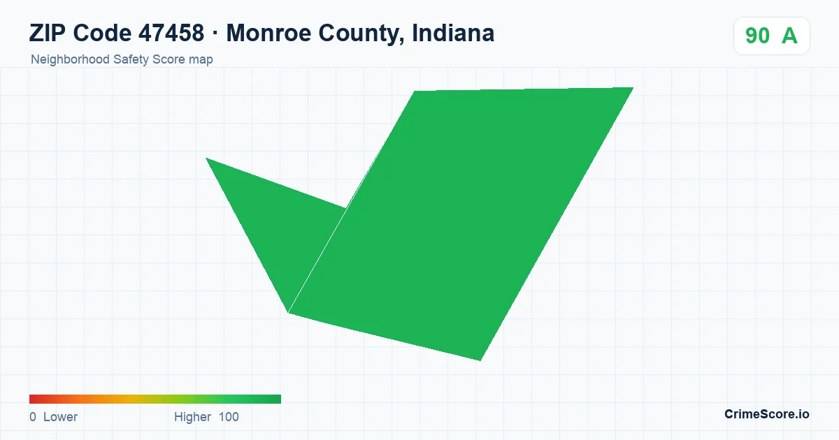 ZIP Code 47458 in Monroe County, Indiana neighborhood Safety Score map