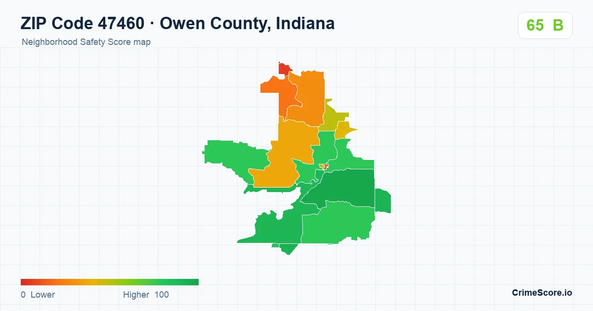 ZIP Code 47460 in Owen County, Indiana neighborhood Safety Score map
