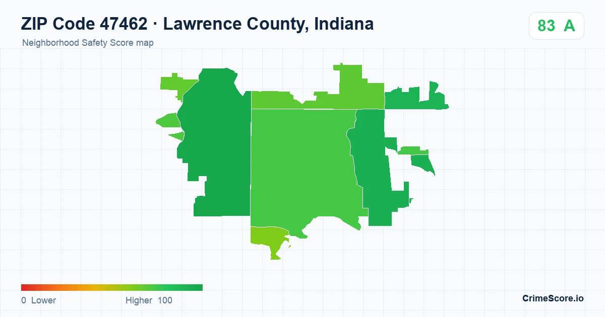 ZIP Code 47462 in Lawrence County, Indiana neighborhood Safety Score map