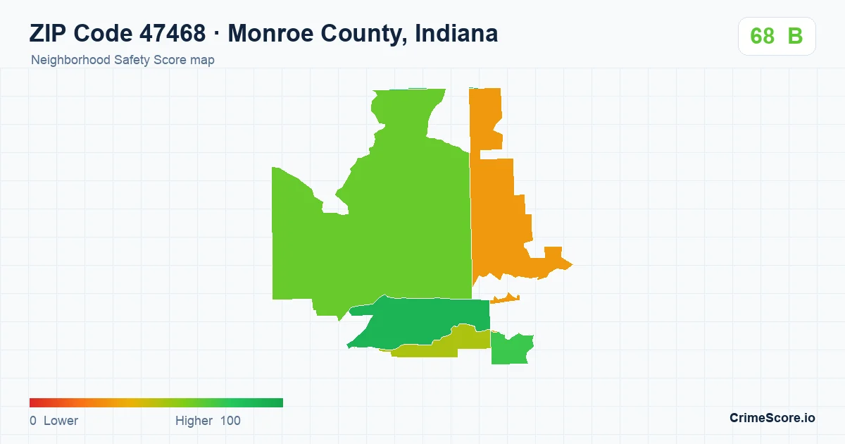 ZIP Code 47468 in Monroe County, Indiana neighborhood Safety Score map
