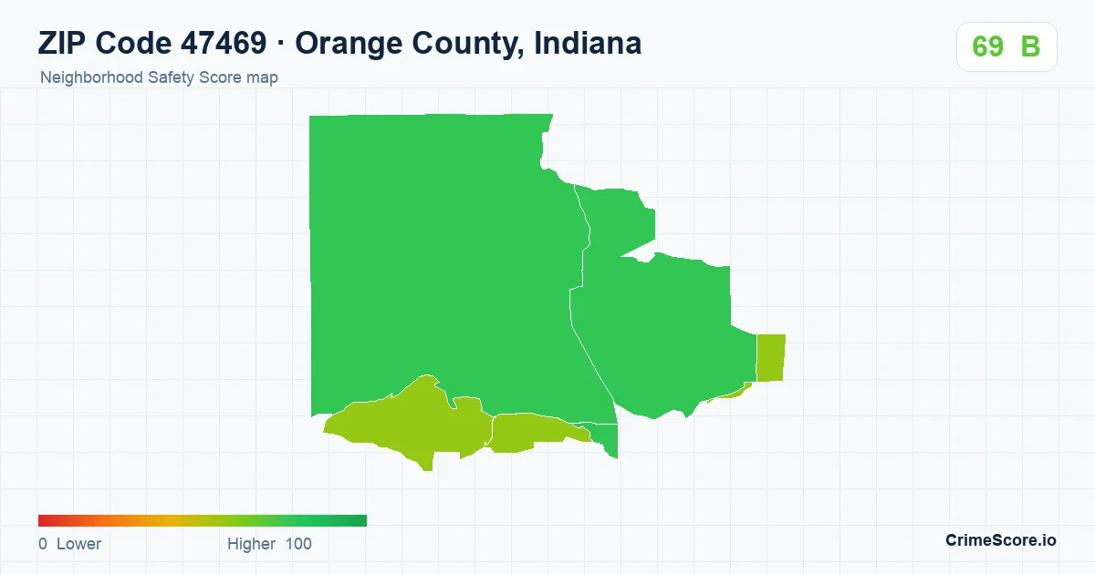 ZIP Code 47469 in Orange County, Indiana neighborhood Safety Score map