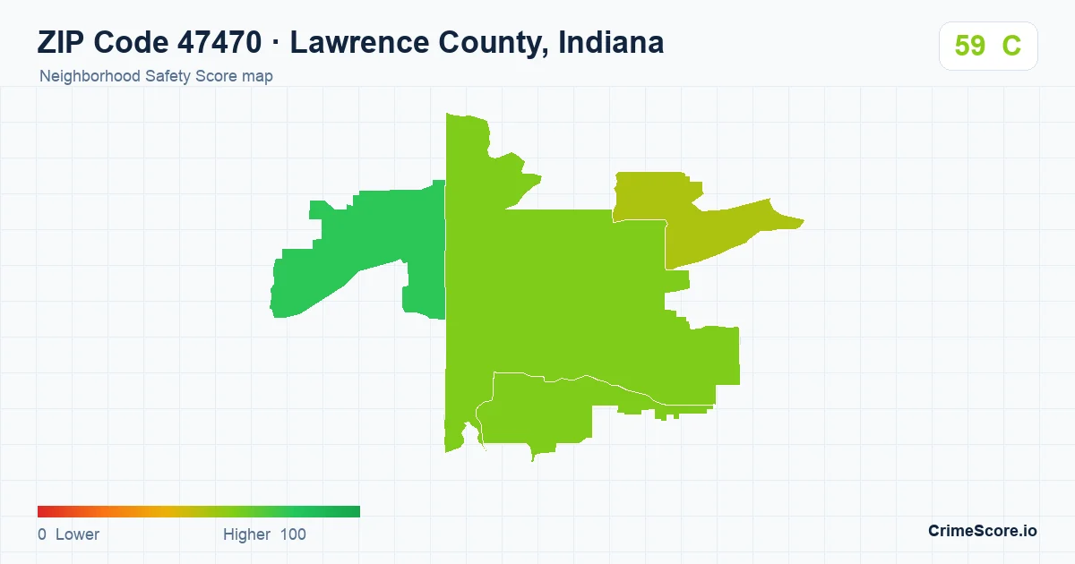 ZIP Code 47470 in Lawrence County, Indiana neighborhood Safety Score map