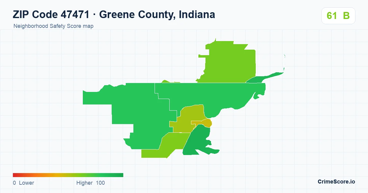 ZIP Code 47471 in Greene County, Indiana neighborhood Safety Score map