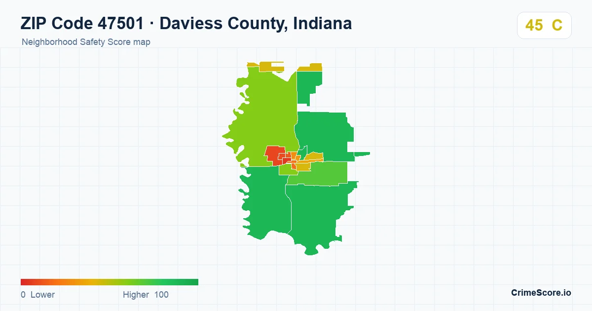 ZIP Code 47501 in Daviess County, Indiana neighborhood Safety Score map