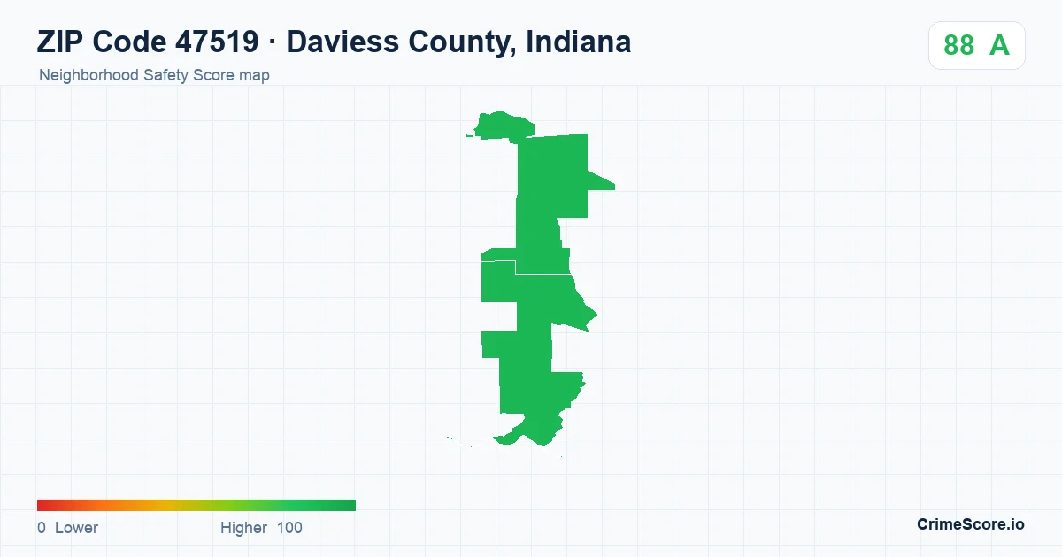 ZIP Code 47519 in Daviess County, Indiana neighborhood Safety Score map