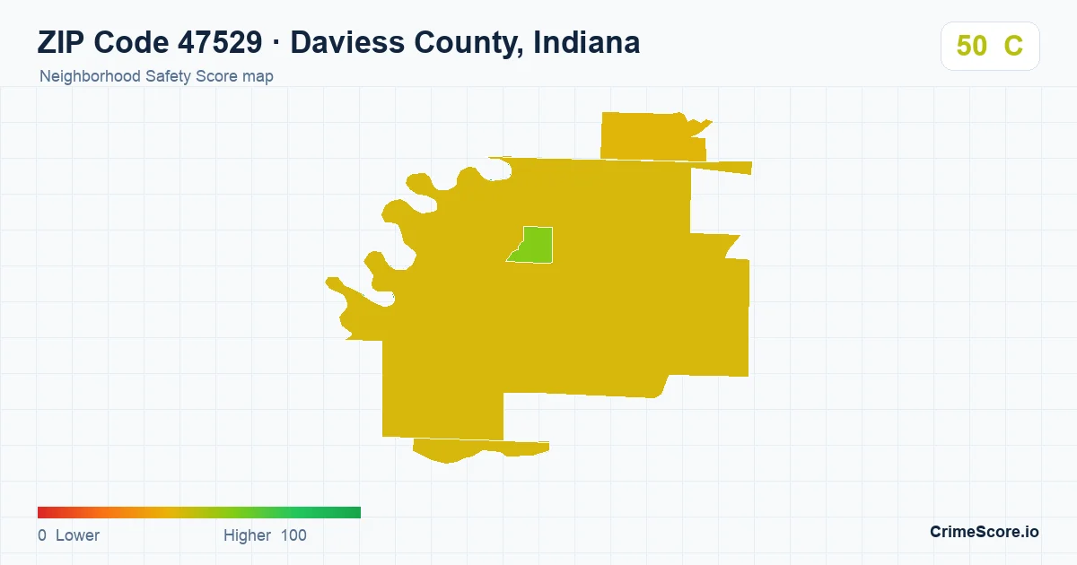 ZIP Code 47529 in Daviess County, Indiana neighborhood Safety Score map