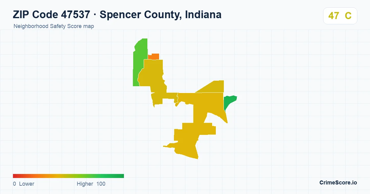 ZIP Code 47537 in Spencer County, Indiana neighborhood Safety Score map