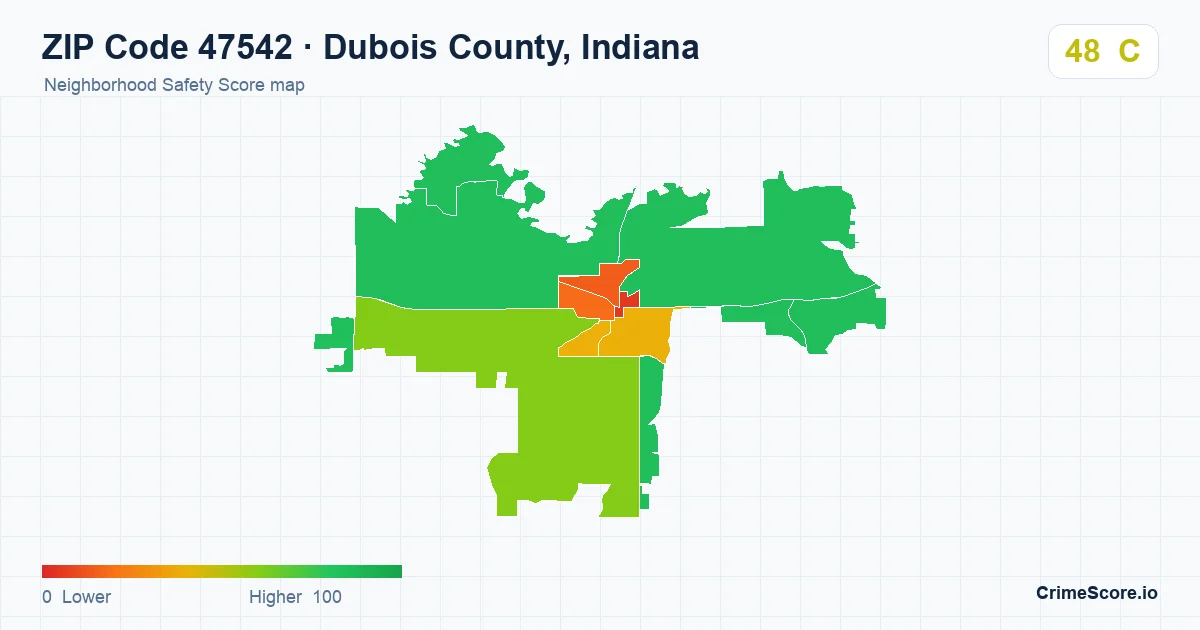 ZIP Code 47542 in Dubois County, Indiana neighborhood Safety Score map