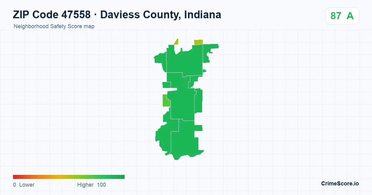 ZIP Code 47558 in Daviess County, Indiana neighborhood Safety Score map