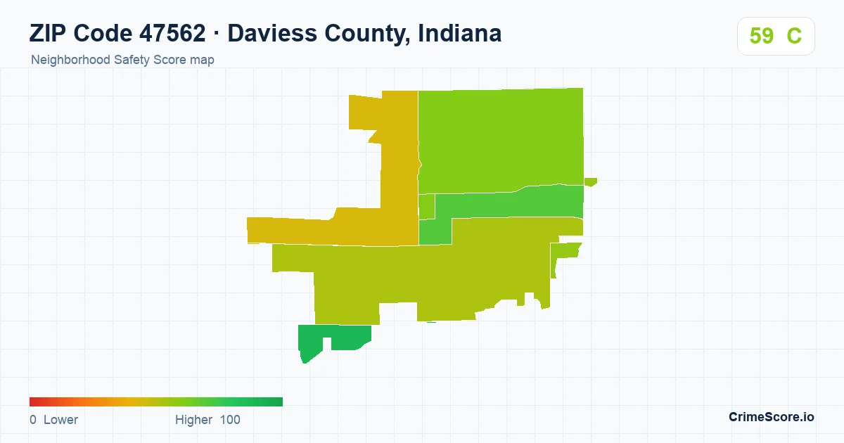 ZIP Code 47562 in Daviess County, Indiana neighborhood Safety Score map
