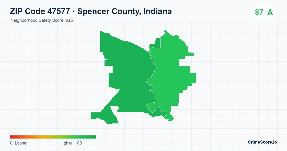 ZIP Code 47577 in Spencer County, Indiana neighborhood Safety Score map