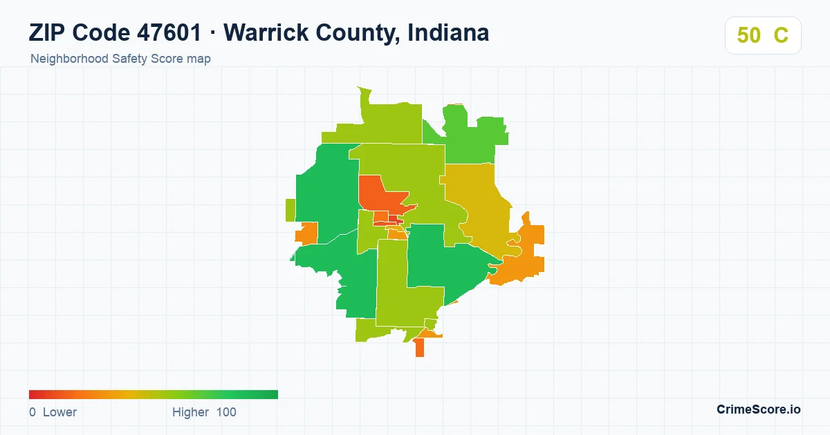 ZIP Code 47601 in Warrick County, Indiana neighborhood Safety Score map