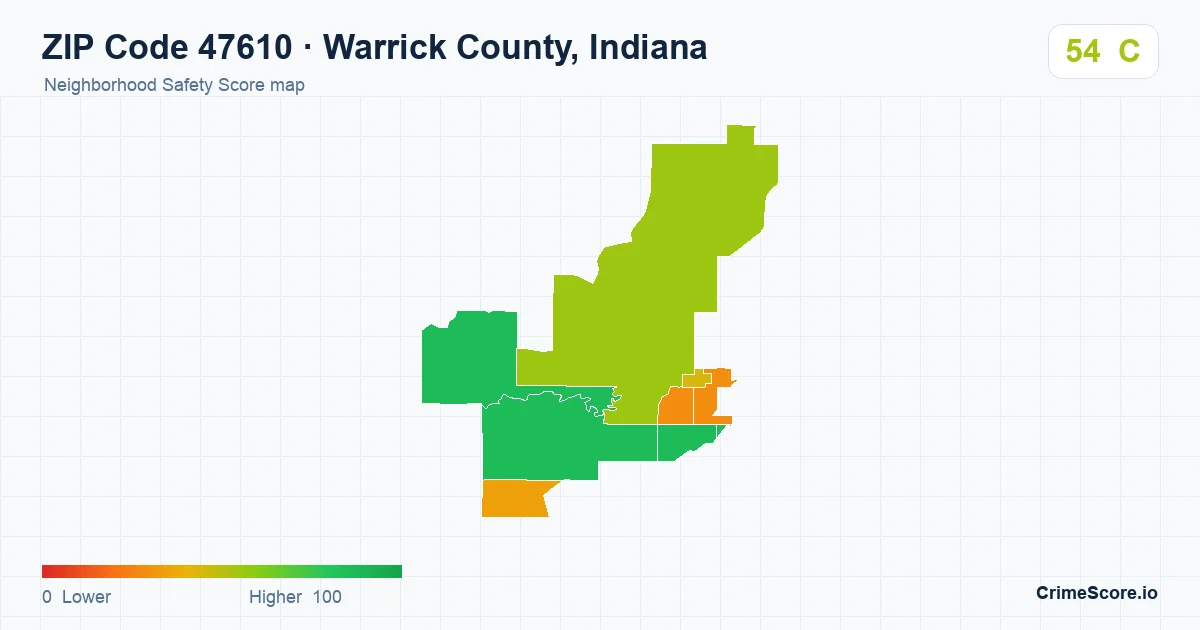 ZIP Code 47610 in Warrick County, Indiana neighborhood Safety Score map