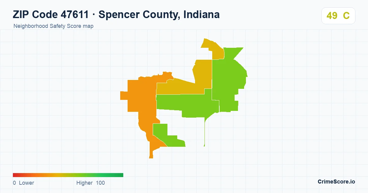 ZIP Code 47611 in Spencer County, Indiana neighborhood Safety Score map