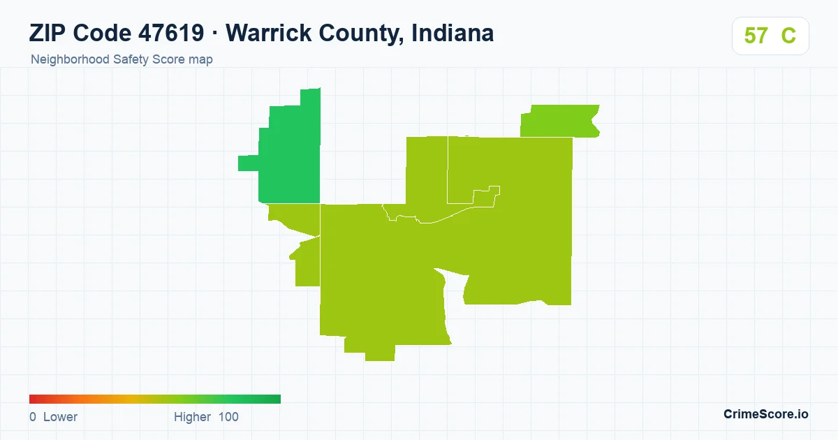 ZIP Code 47619 in Warrick County, Indiana neighborhood Safety Score map
