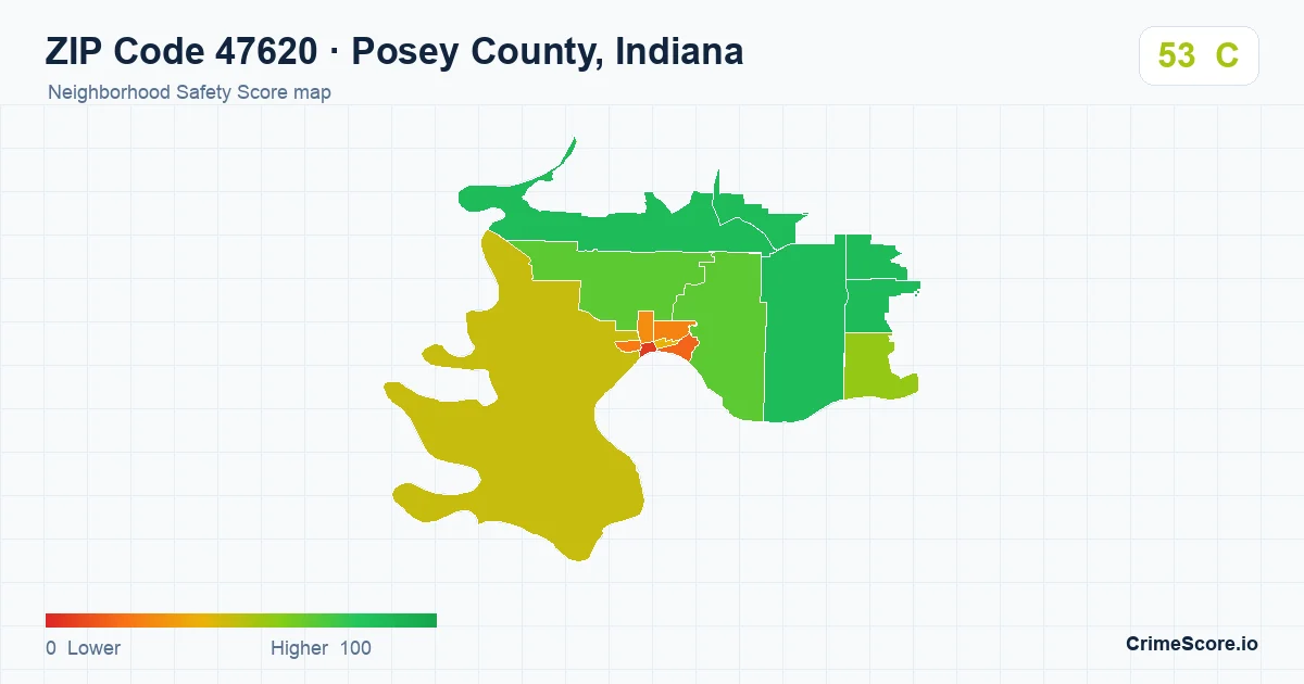 ZIP Code 47620 in Posey County, Indiana neighborhood Safety Score map