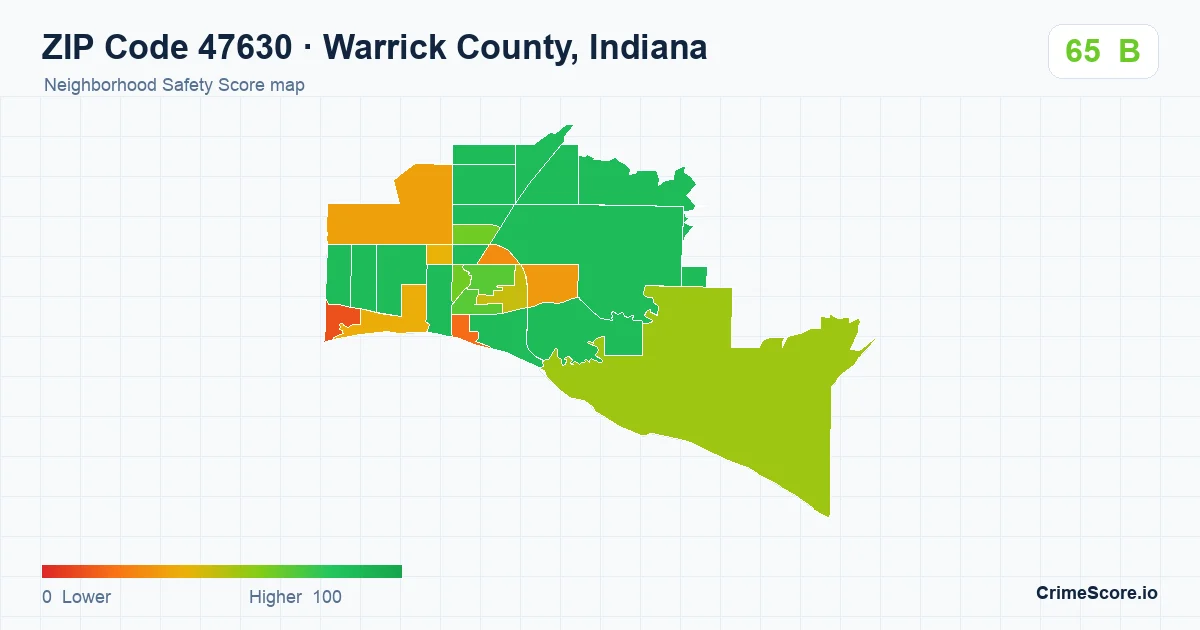 ZIP Code 47630 in Warrick County, Indiana neighborhood Safety Score map
