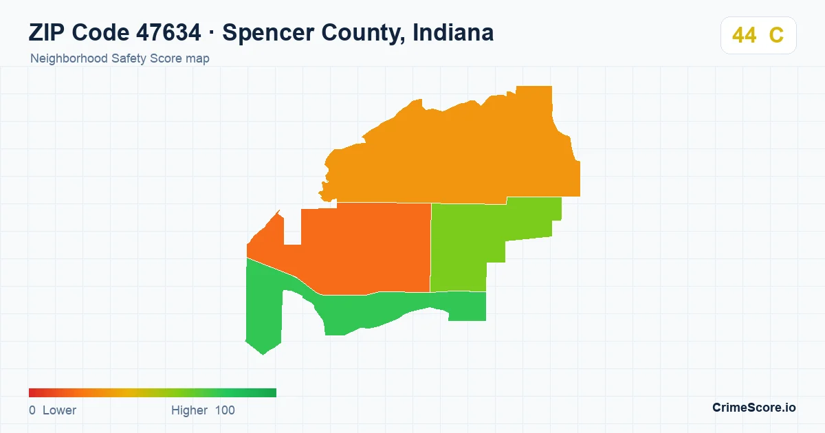 ZIP Code 47634 in Spencer County, Indiana neighborhood Safety Score map