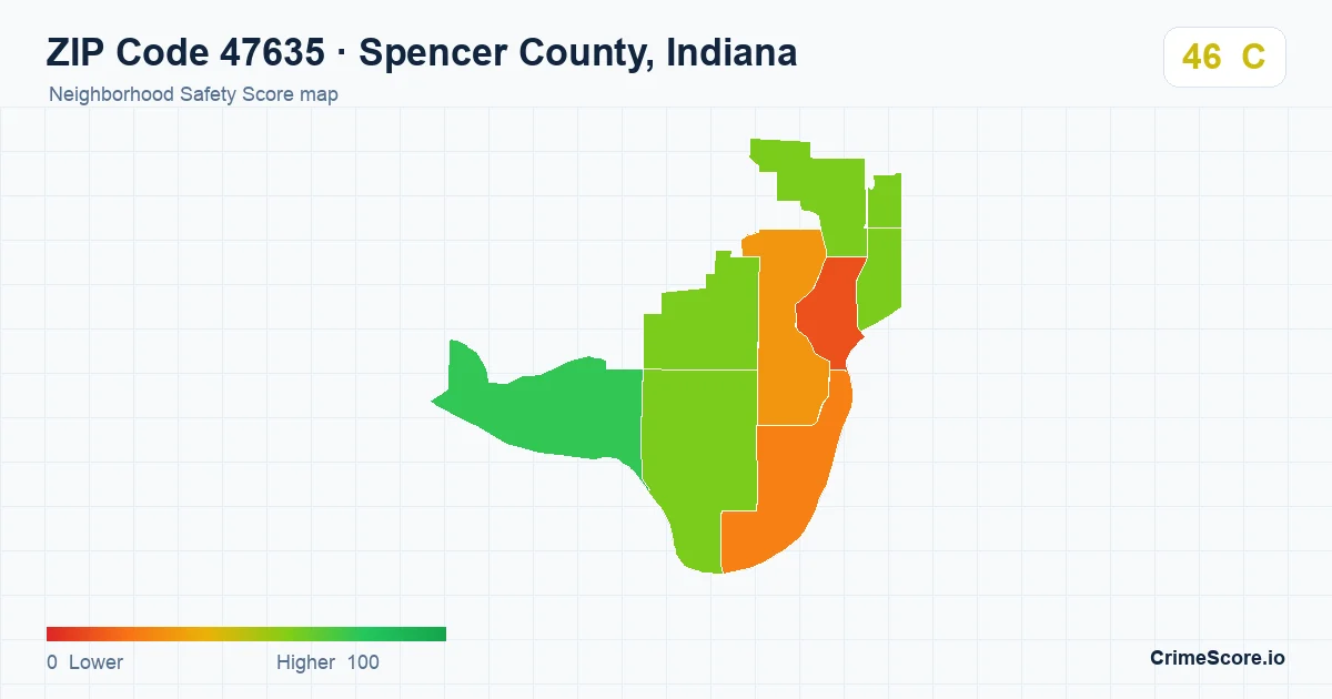 ZIP Code 47635 in Spencer County, Indiana neighborhood Safety Score map