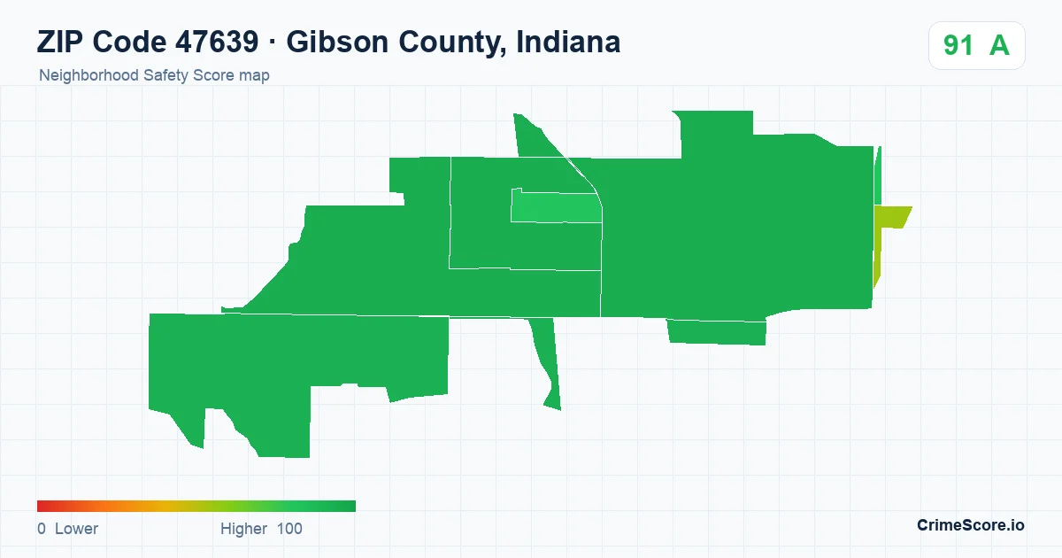 ZIP Code 47639 in Gibson County, Indiana neighborhood Safety Score map