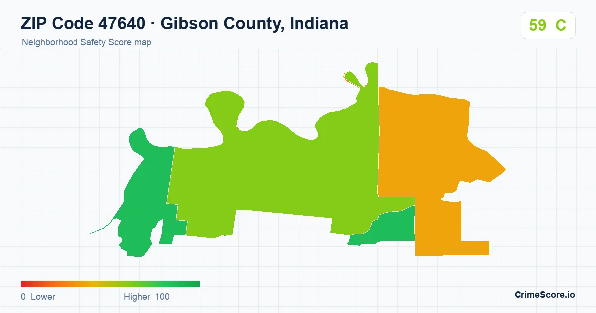 ZIP Code 47640 in Gibson County, Indiana neighborhood Safety Score map
