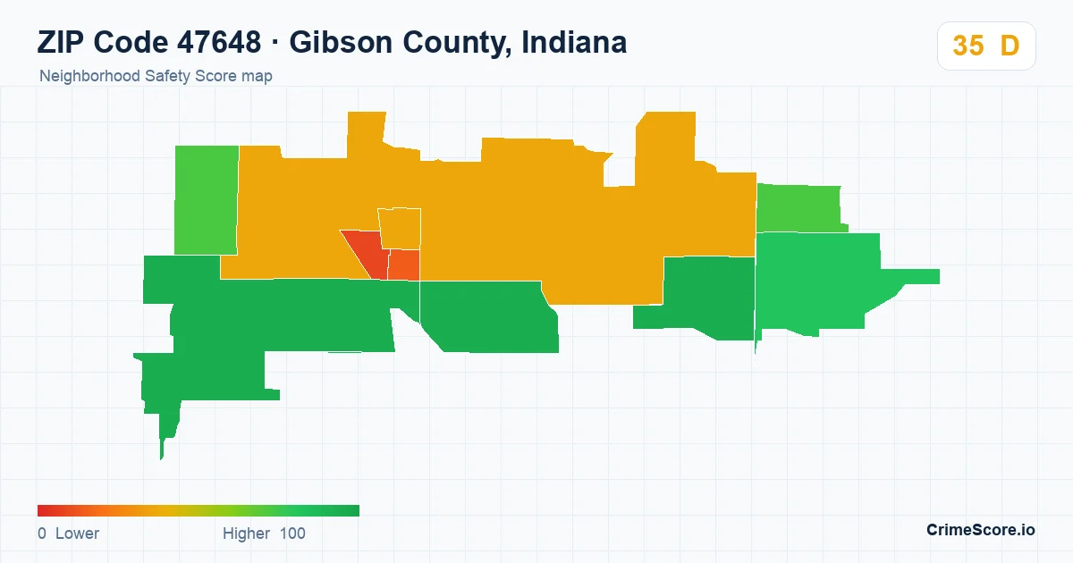 ZIP Code 47648 in Gibson County, Indiana neighborhood Safety Score map
