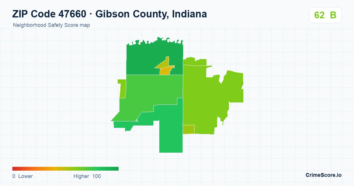 ZIP Code 47660 in Gibson County, Indiana neighborhood Safety Score map