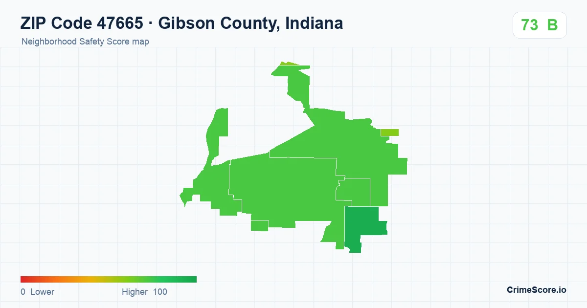 ZIP Code 47665 in Gibson County, Indiana neighborhood Safety Score map
