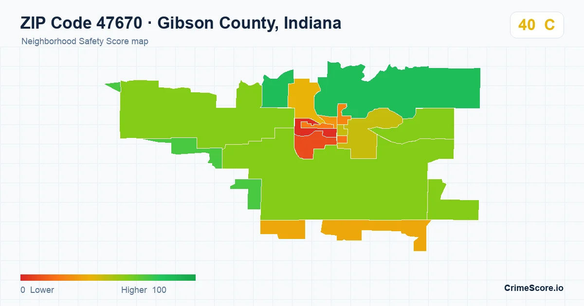 ZIP Code 47670 in Gibson County, Indiana neighborhood Safety Score map