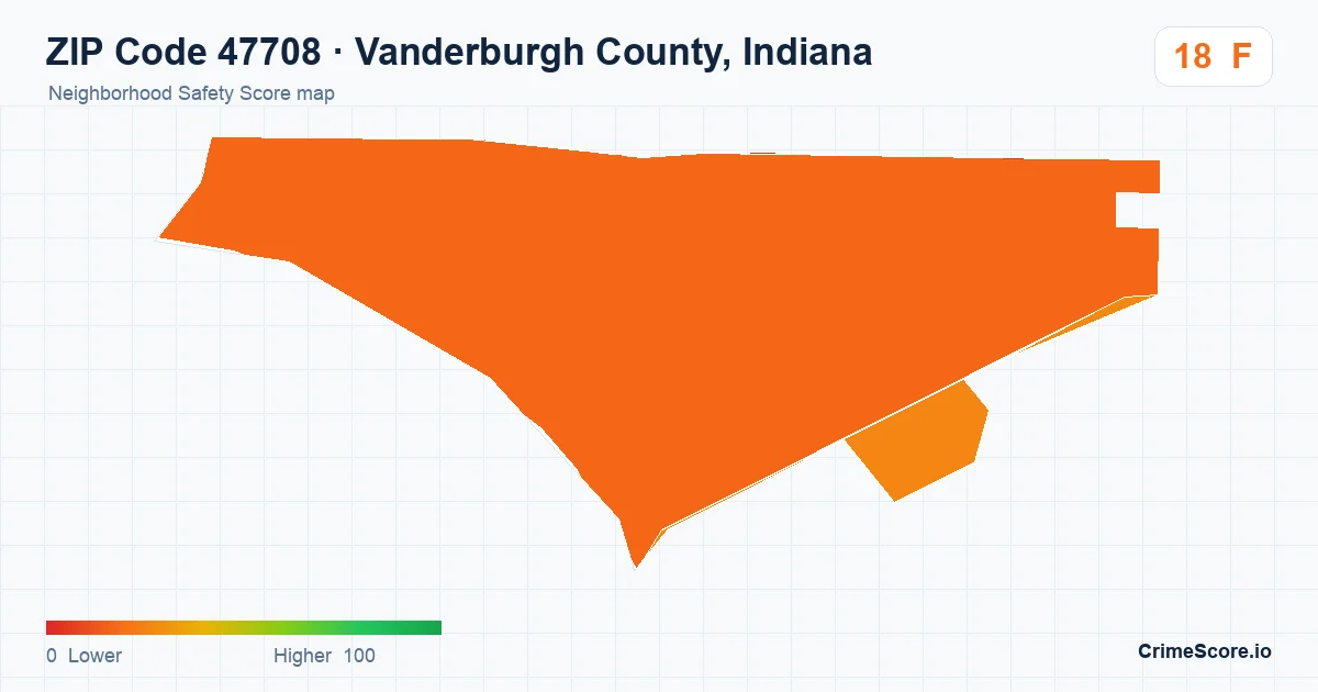 ZIP Code 47708 in Vanderburgh County, Indiana neighborhood Safety Score map
