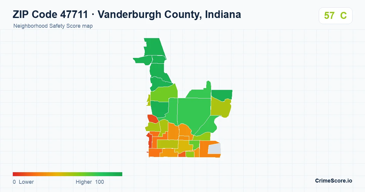 ZIP Code 47711 in Vanderburgh County, Indiana neighborhood Safety Score map