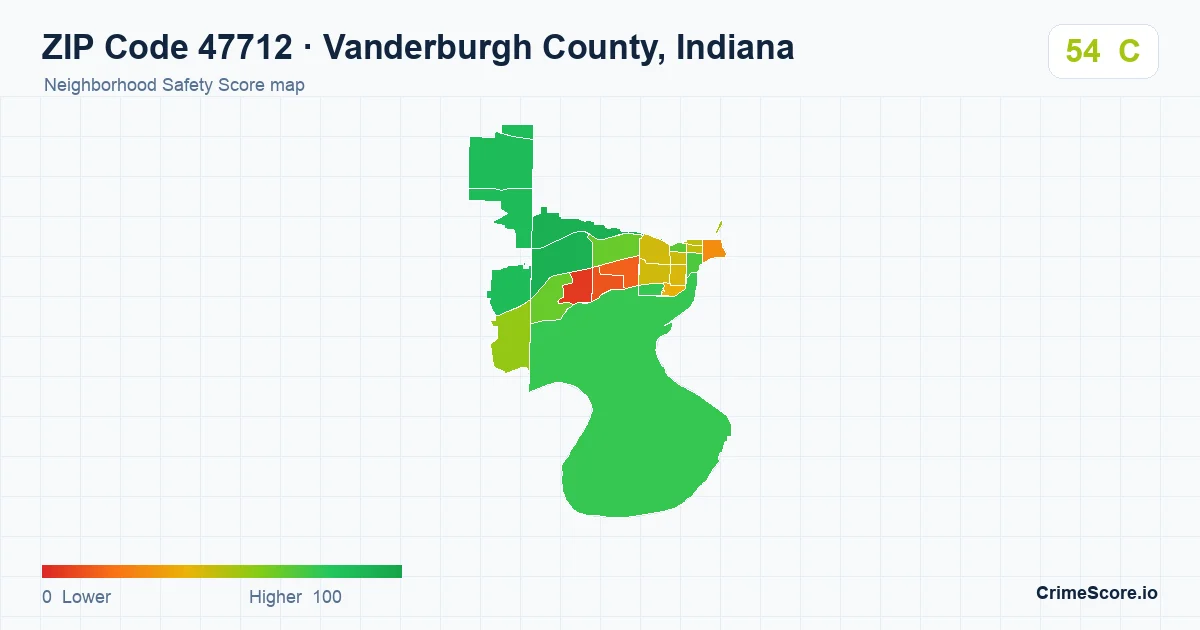 ZIP Code 47712 in Vanderburgh County, Indiana neighborhood Safety Score map