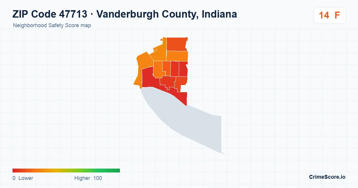 ZIP Code 47713 in Vanderburgh County, Indiana neighborhood Safety Score map