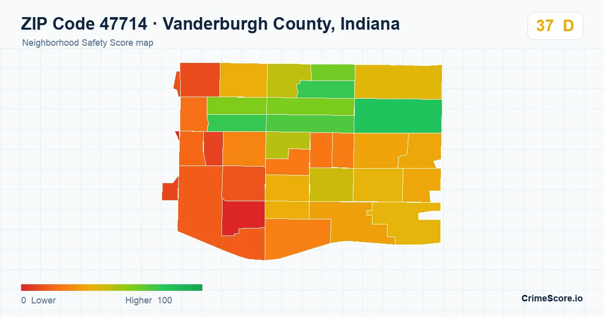 ZIP Code 47714 in Vanderburgh County, Indiana neighborhood Safety Score map