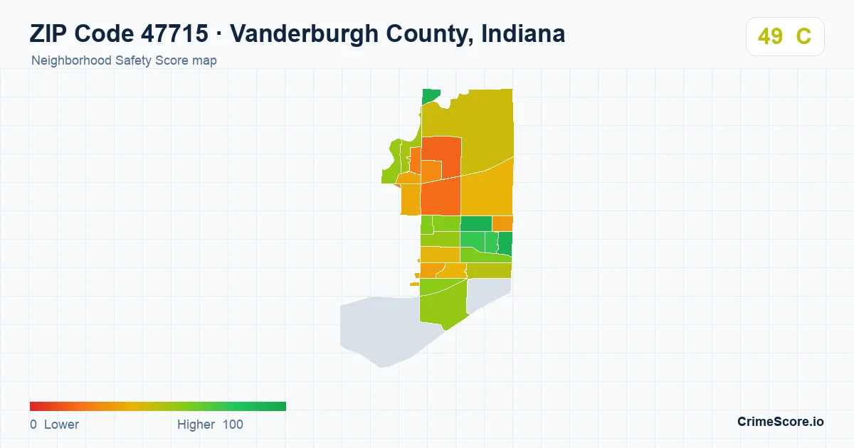 ZIP Code 47715 in Vanderburgh County, Indiana neighborhood Safety Score map