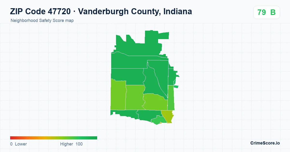 ZIP Code 47720 in Vanderburgh County, Indiana neighborhood Safety Score map