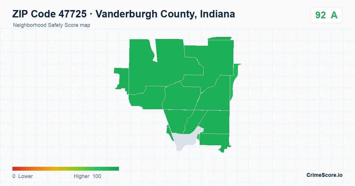 ZIP Code 47725 in Vanderburgh County, Indiana neighborhood Safety Score map