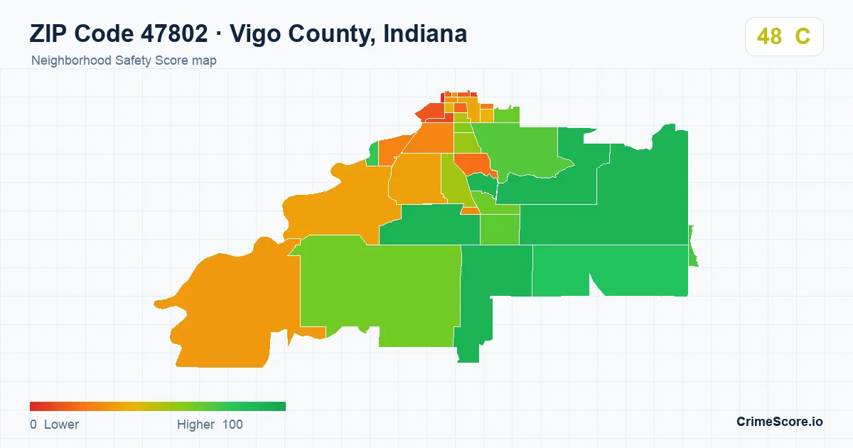 ZIP Code 47802 in Vigo County, Indiana neighborhood Safety Score map