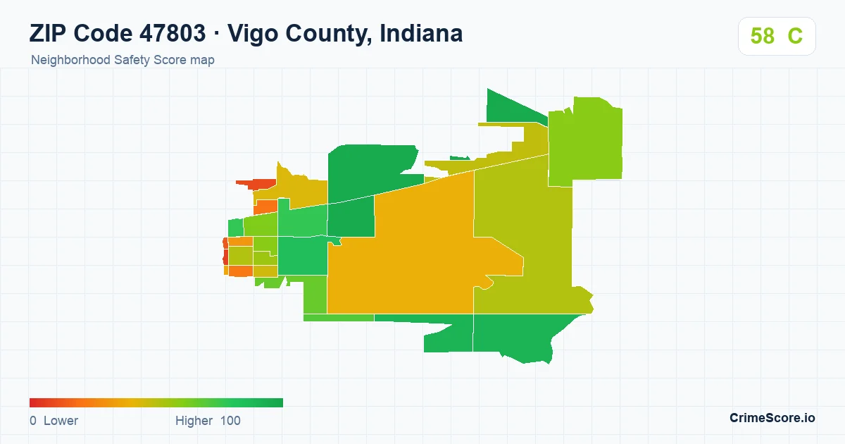 ZIP Code 47803 in Vigo County, Indiana neighborhood Safety Score map