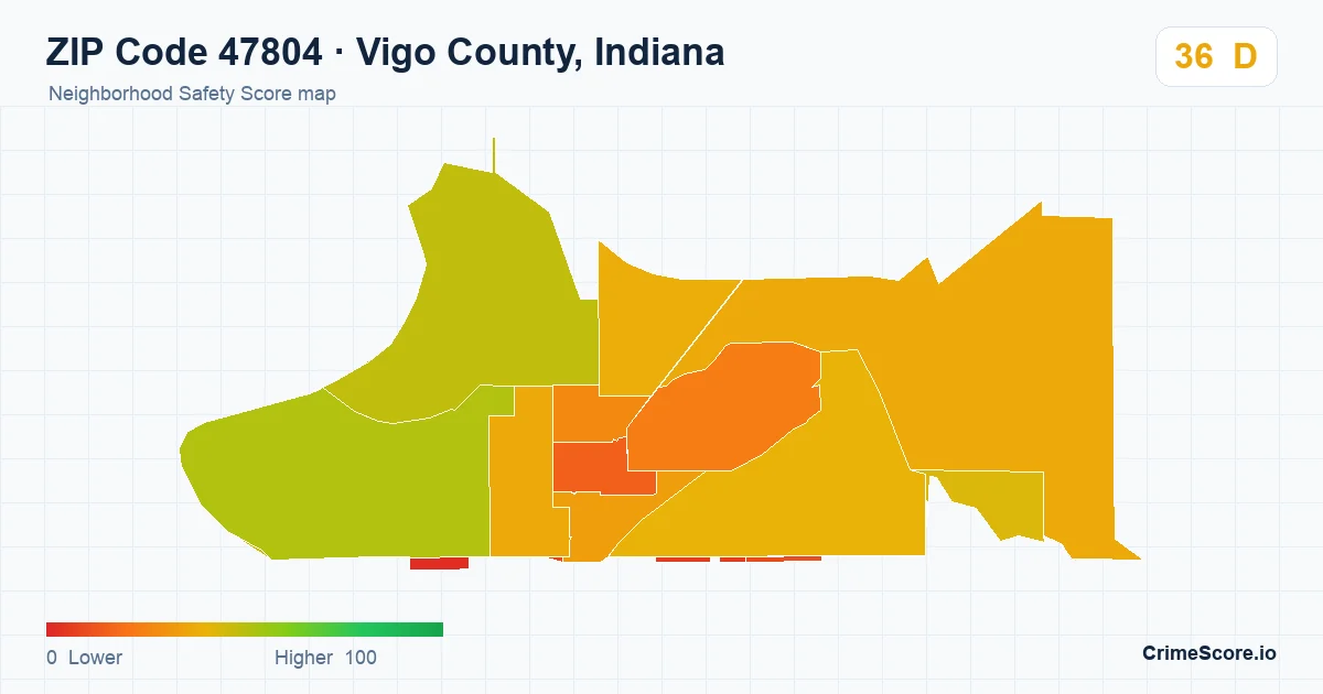 ZIP Code 47804 in Vigo County, Indiana neighborhood Safety Score map