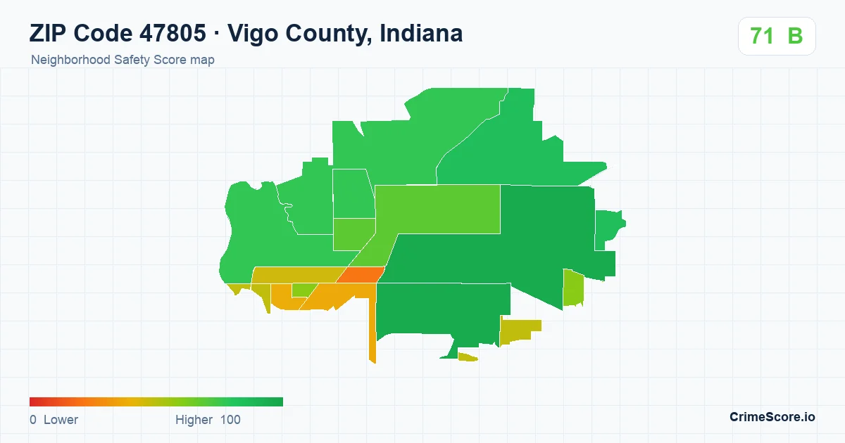 ZIP Code 47805 in Vigo County, Indiana neighborhood Safety Score map
