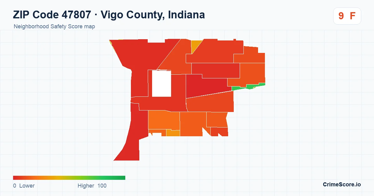ZIP Code 47807 in Vigo County, Indiana neighborhood Safety Score map