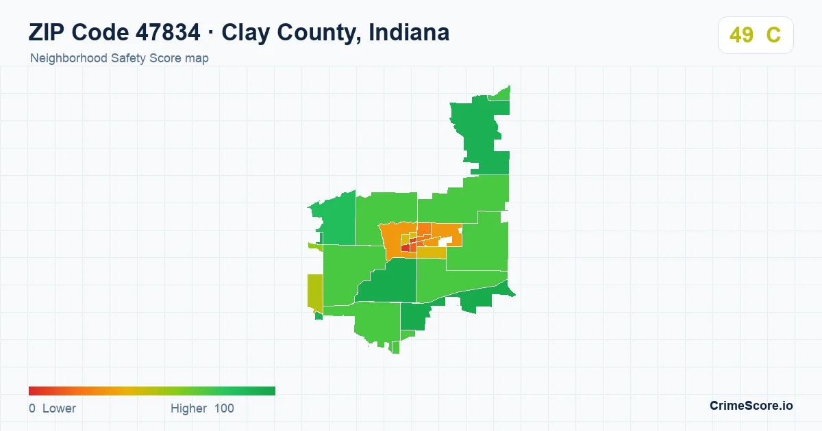 ZIP Code 47834 in Clay County, Indiana neighborhood Safety Score map